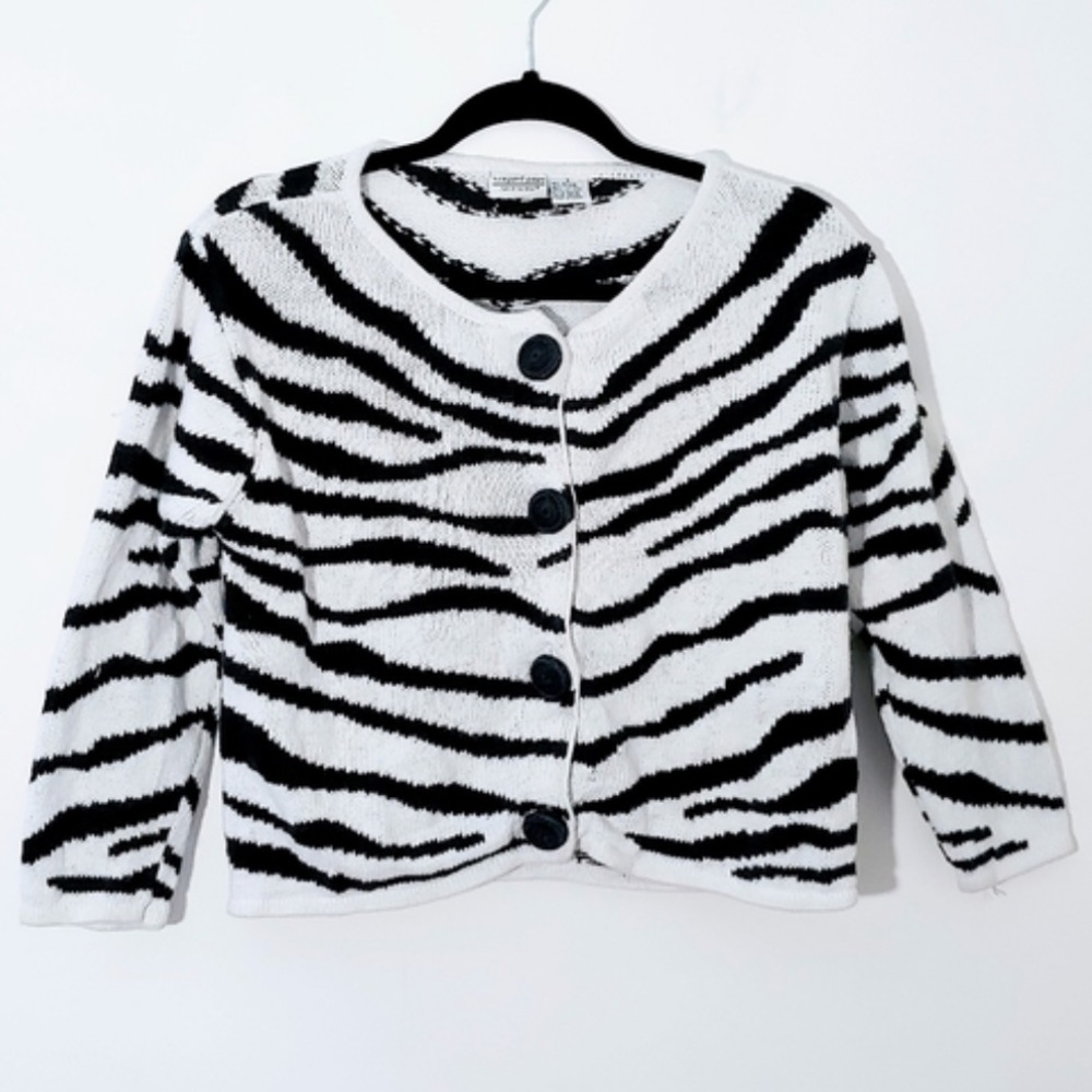VTG Newport News Easy Styles Black White Zebra Tiger Stripe Cardigan Sweater L